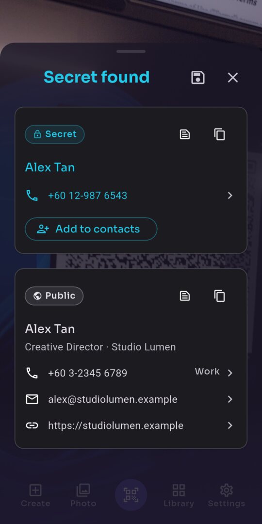 A scanned business card: the public contact, and a private mobile number as the secret