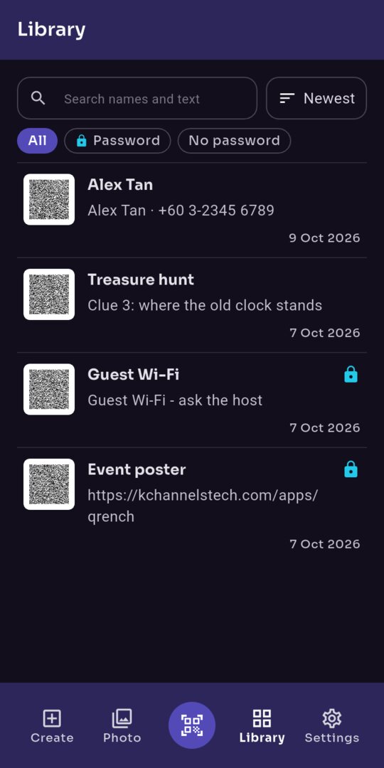 The Library, with four QR codes and password filters