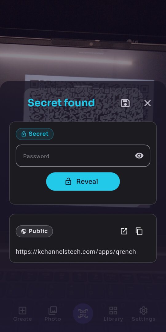 A scanned QR code asking for the password before it shows the secret