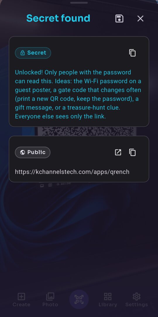QRench showing the same QR code: a secret, unlocked with its password, above the public link