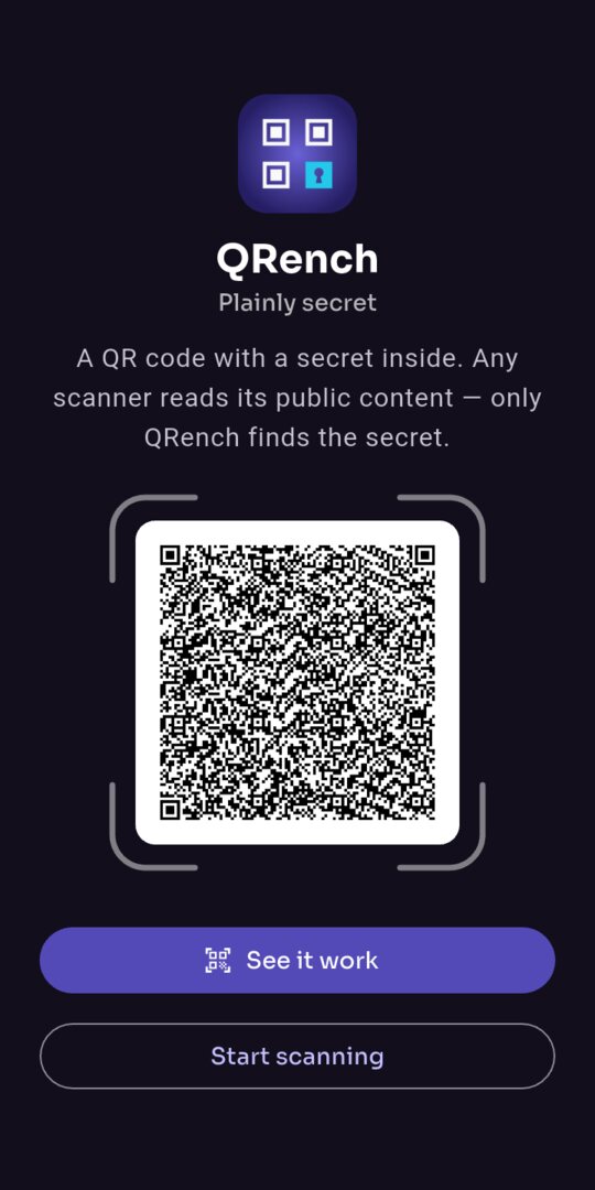 The QRench welcome screen with a sample QR code